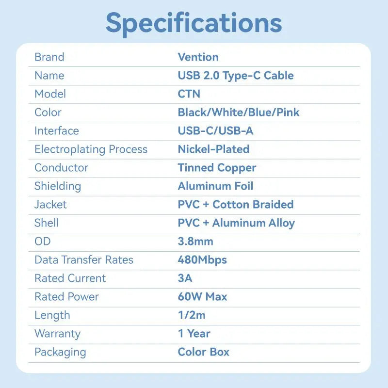 Vention USB 2.0 A Male to C Male 3A Cable Aluminum Alloy Type - Vention