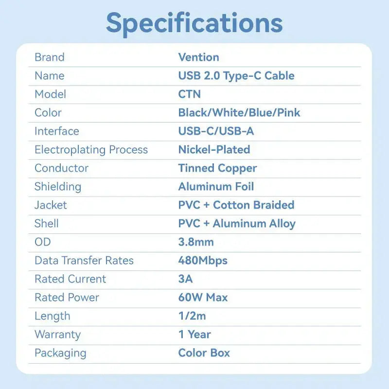 Vention USB 2.0 A Male to C Male 3A Cable Aluminum Alloy Type - Vention