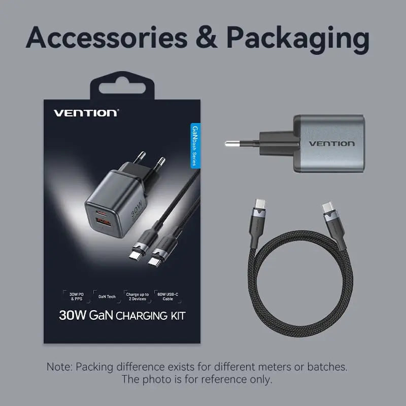 Vention 2-Port USB (C + A) GaN Charger (30W/18W) Gray with USB-C to USB-C Cable (1M) Black EU-Plug - Vention