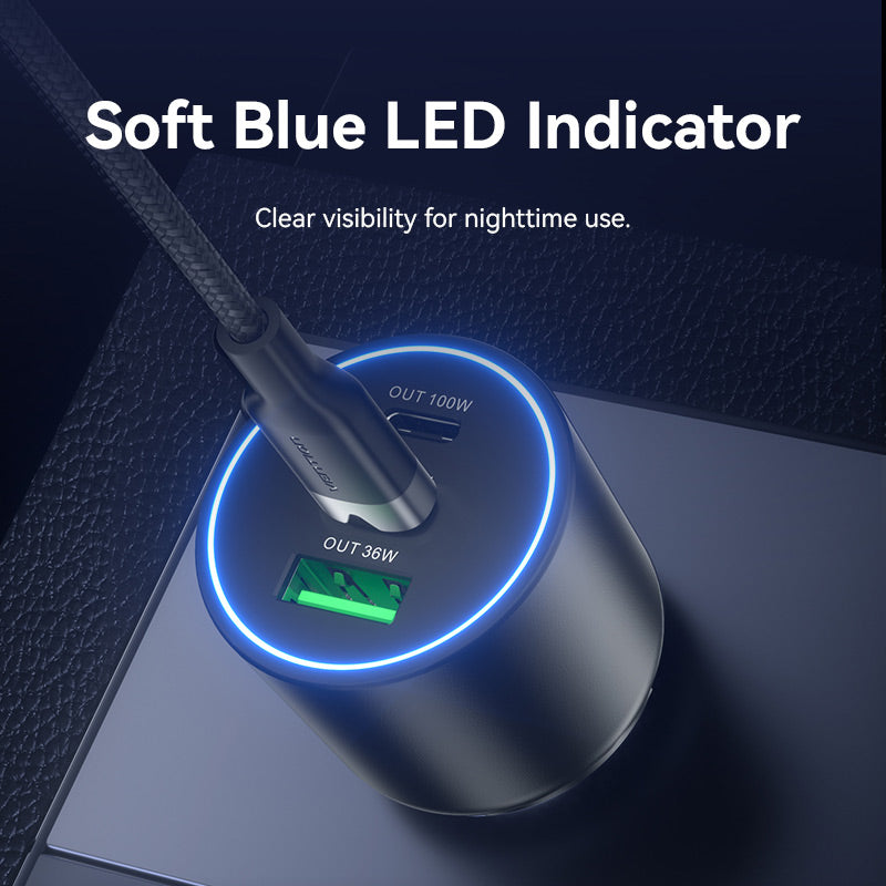 Vention Three-Port USB C+C+A (100W+65W+30W) Car Charger Black ABS Type