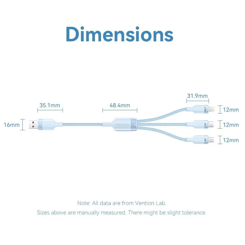 Vention USB 2.0 A Male to 3-in-1 USB-C & Lightning & Micro-B Male 6A Cable Aluminum Alloy Type - Vention