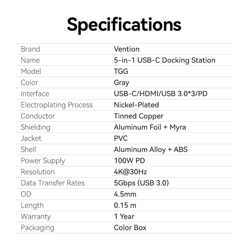<tc>Vention</tc> USB-C 转 HDMI/USB 3.0*3/PD 扩展坞 0.15M 灰色铝合金型