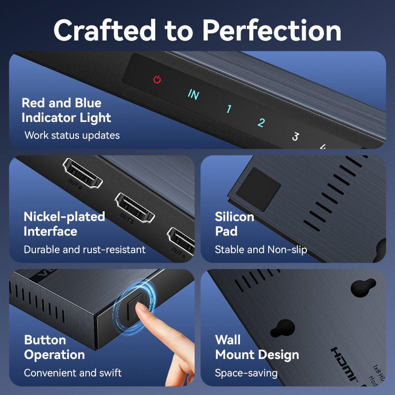 Vention 1-In & 8-Out HDMI™ Splitter 4K@60Hz Black Aluminum Alloy Type EU Standard - Vention