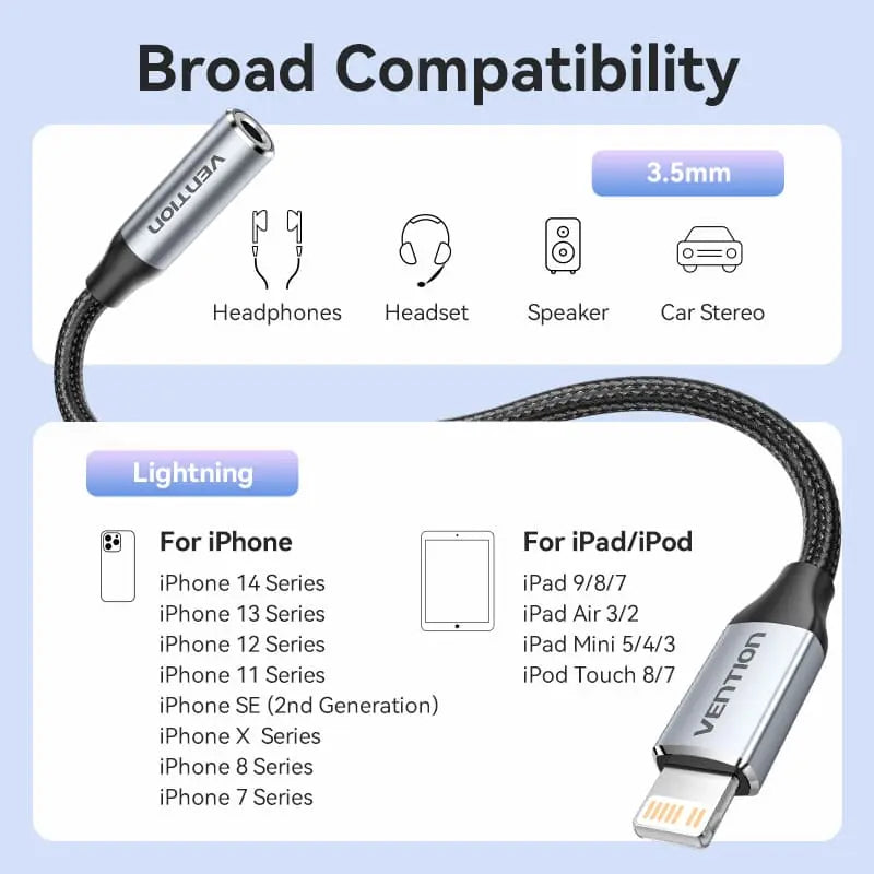 Vention Cotton Braided Lightning Male to 3.5MM Earphone Jack Adapter Aluminum Alloy Type - Vention