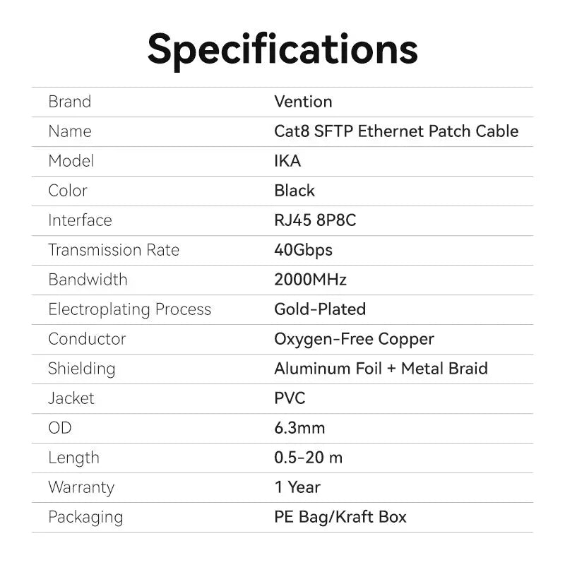 Vention Cat8 SFTP Ethernet Patch Cable - Vention
