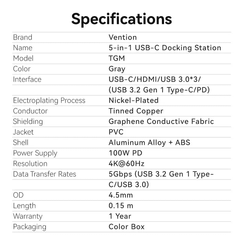 Vention 5-in-1 USB-C Docking Station - Vention