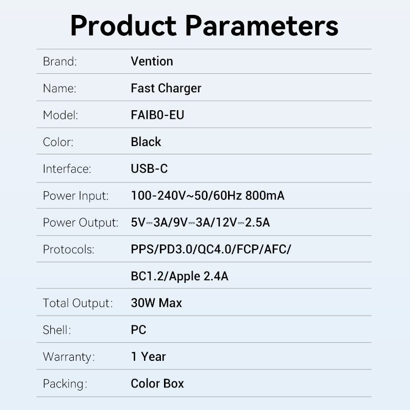 Vention 1-Port USB-C Wall Charger 30W EU-Plug - Vention