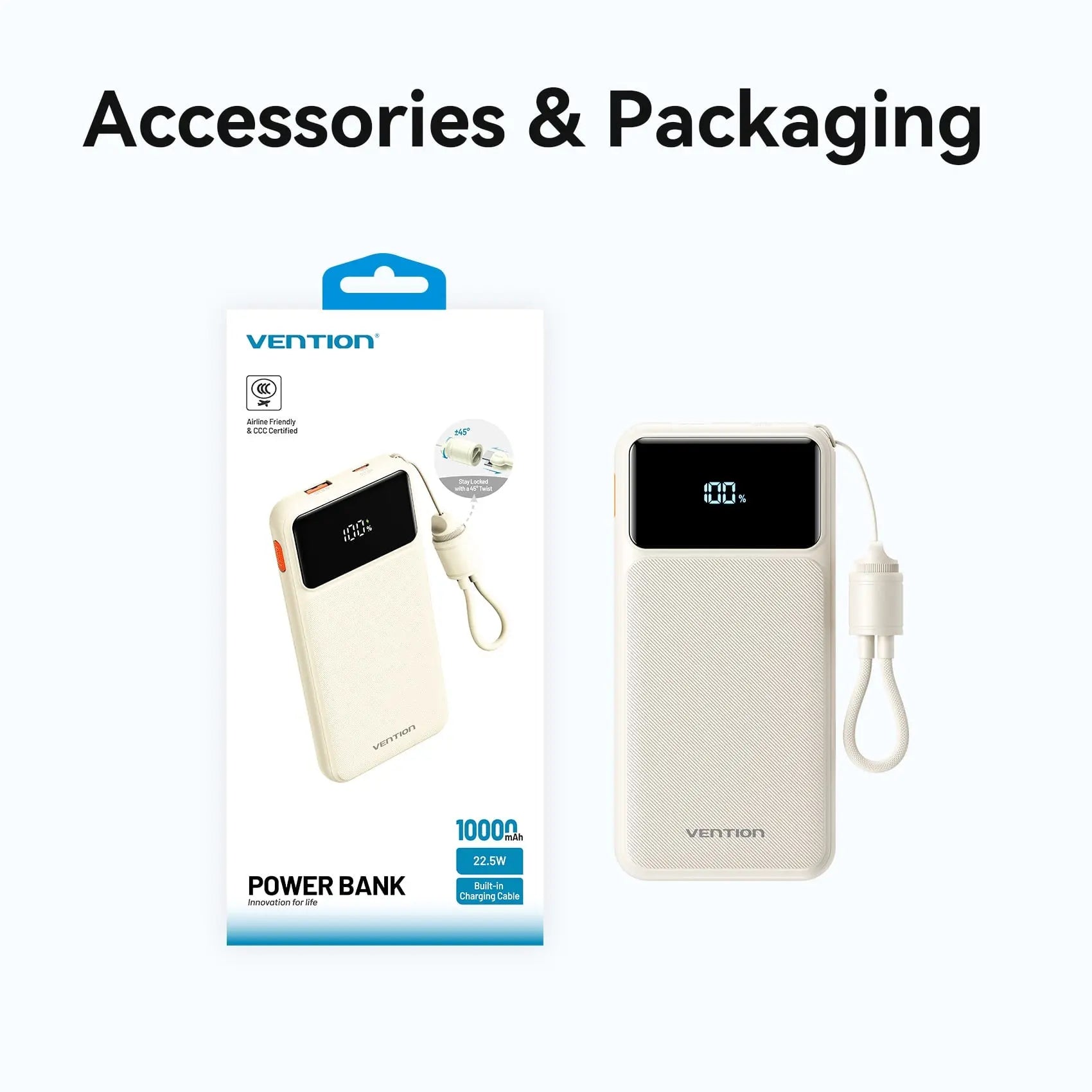 Vention 10000mAh Power Bank (USB-C + USB-A) with Built-in Cable 22.5W LED Display Type - Vention