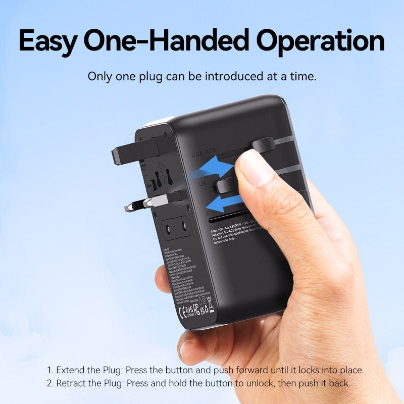 Vention 3-Port USB (C + A + A) GaN Universal Travel Adapter (65W/60W/5W) with Built-in USB-C Cable Black - Vention
