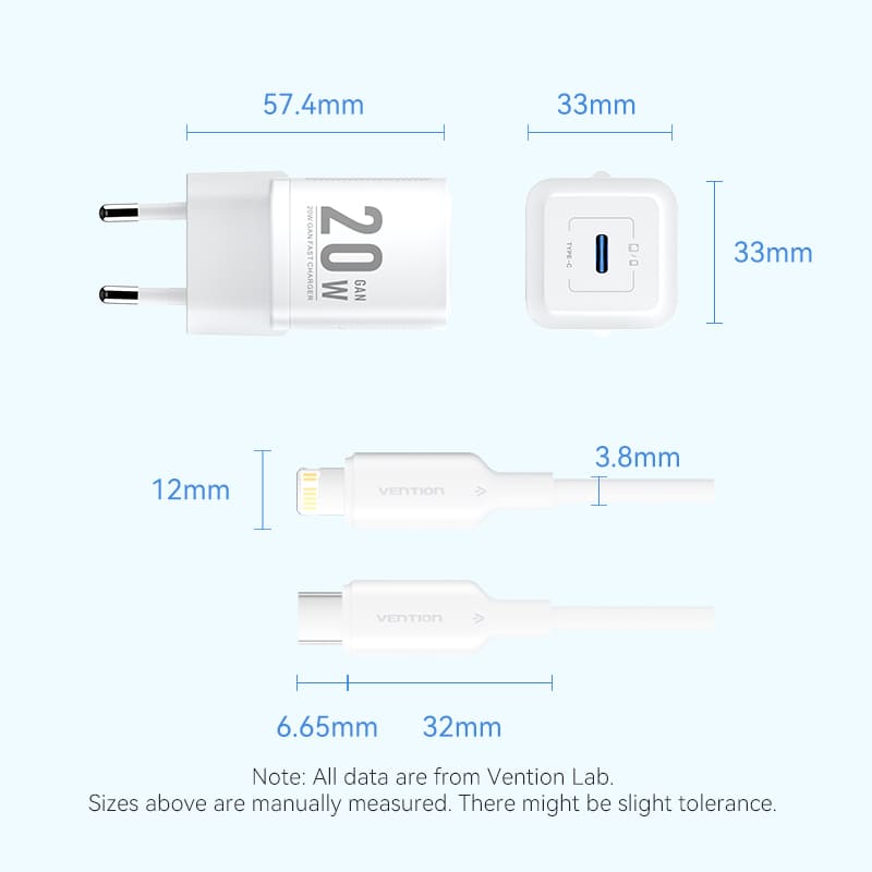 Vention 1-Port USB-C GaN Charger (20W) with USB-C to USB-C Cable - Vention