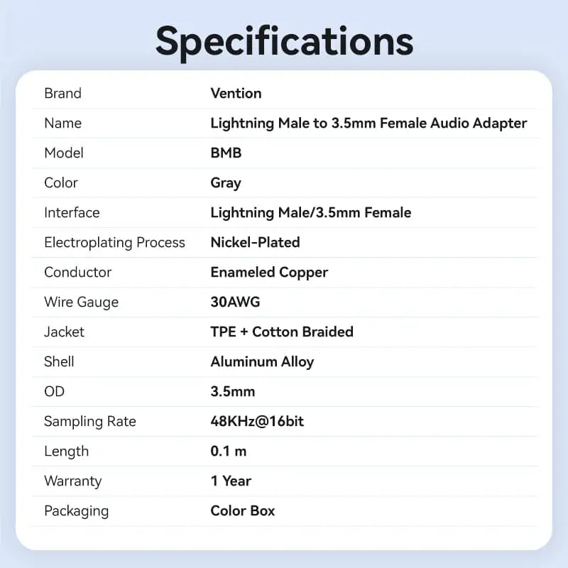Vention Cotton Braided Lightning Male to 3.5MM Earphone Jack Adapter Aluminum Alloy Type - Vention
