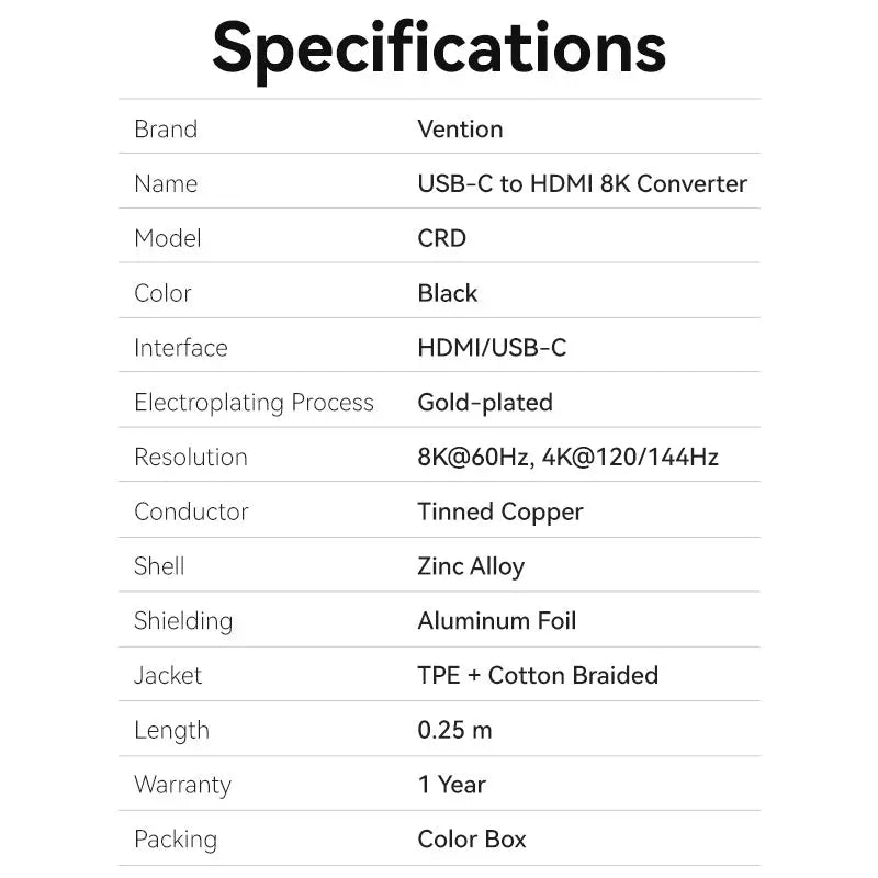 Vention Cotton Braided USB-C to HDMI™ 8K Converter 0.25M Black Zinc Alloy Type - Vention
