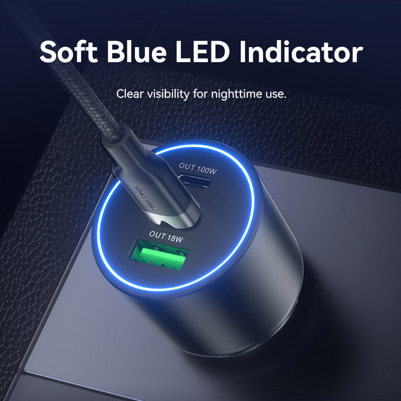<tc>Vention</tc> Chargeur de voiture à trois ports USB C+C+A (100 W + 30 W + 18 W) en ABS noir