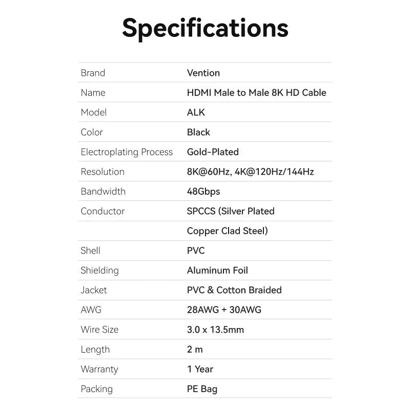 Vention Flat Nylon Braided HDMI™-A Male to Male 8K HD Cable 2M Black - Vention