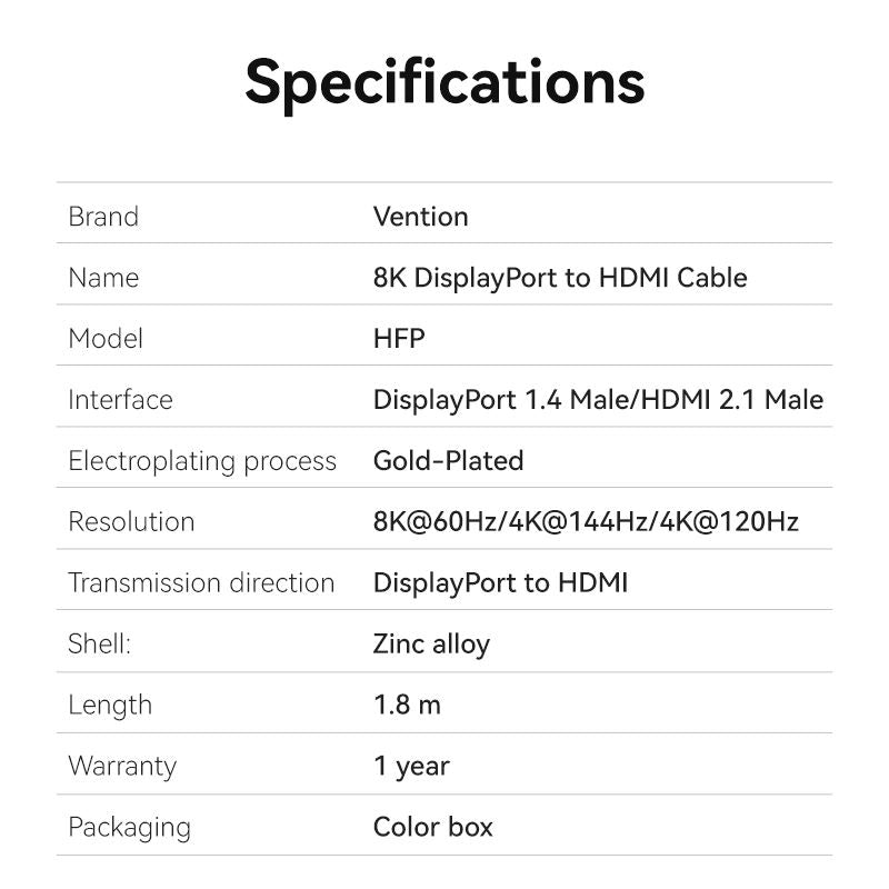 <tc>Vention</tc> 棉质编织 8K DisplayPort 公头转 HDMI 公头数据线 1.8M 黑色锌合金