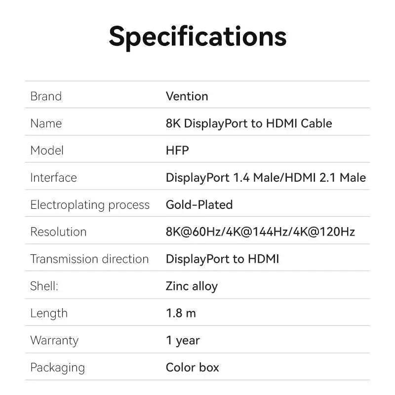 Vention Cotton Braided 8K DisplayPort Male to HDMI™ Male Cable 1.8M Black Zinc Alloy Type - Vention