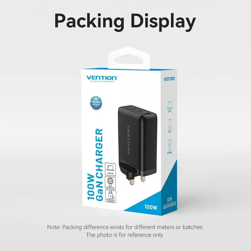 Vention 3-Port USB (C+C+A) GaN Charger (100W/65W/30W) UK-Plug - Vention