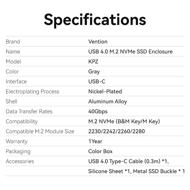 Vention USB 4.0 M.2 NVMe SSD Enclosure (USB 4.0 Type-C) Gray Aluminum Alloy Type - Vention