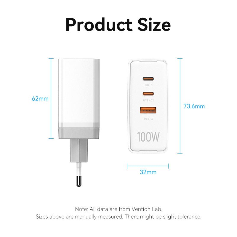 Vention 3-Port USB (C+C+A) GaN Charger (100W/100W/30W) EU-Plug - Vention