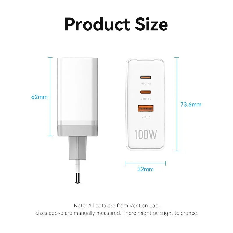 Vention 3-Port USB (C+C+A) GaN Charger (100W/100W/30W) EU-Plug - Vention