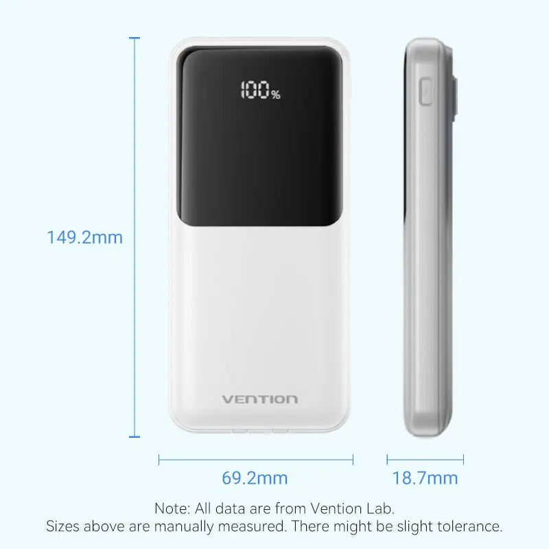 Vention 10000mAh Power Bank with Built-in USB-C and Lightning Cables 22.5W Black LED Display Universal Type - Vention