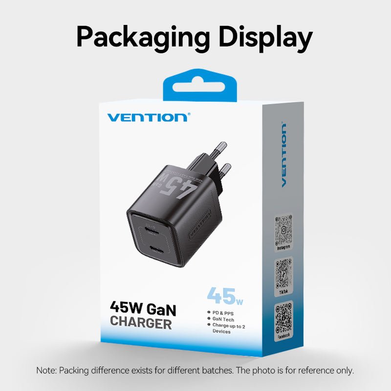 Vention 2-Port USB (C + C) GaN Charger (45W/45W) EU-Plug Black - Vention