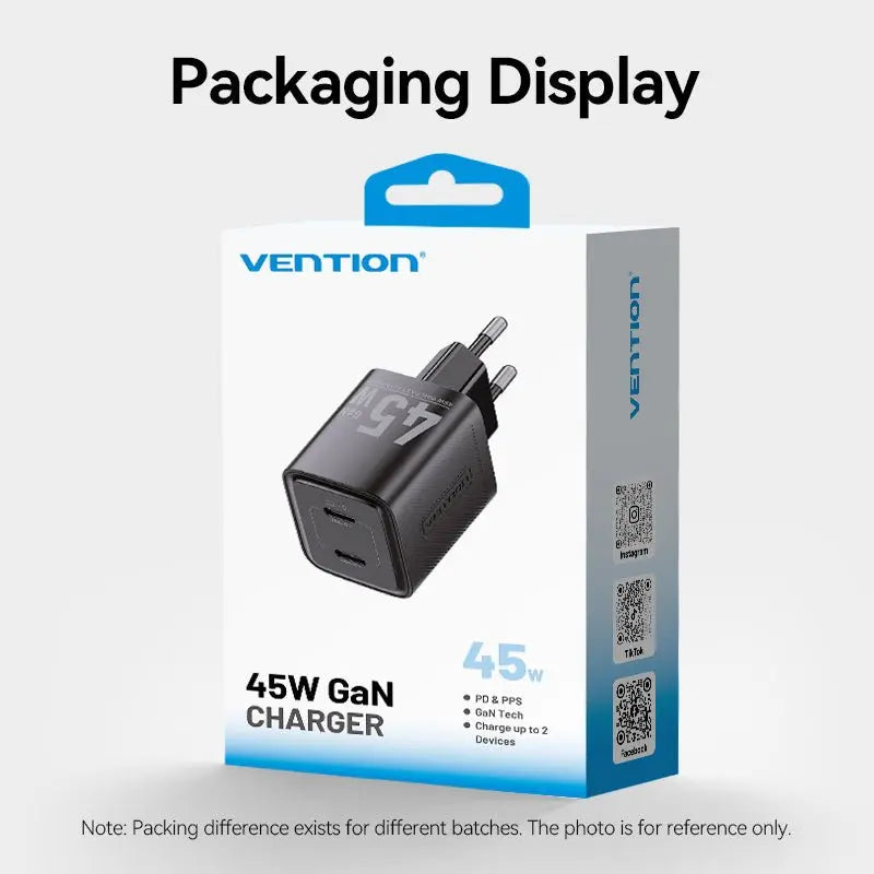 Vention 2-Port USB (C + C) GaN Charger (45W/45W) EU-Plug Black - Vention