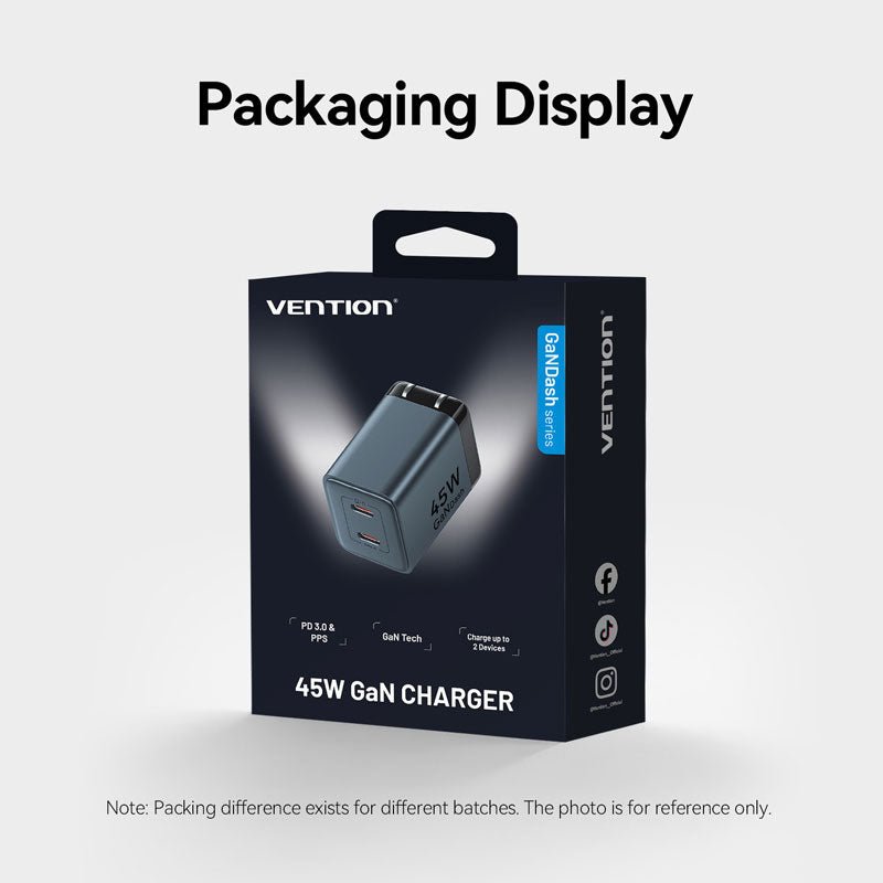 Vention 2-Port USB (C + C) GaN Charger (45W/45W) US-Plug Gray - Vention
