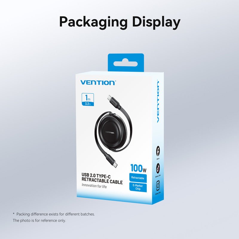 Vention USB 2.0 Type-C Male to Type-C Male 5A Retractable Cable 1M Black - Vention