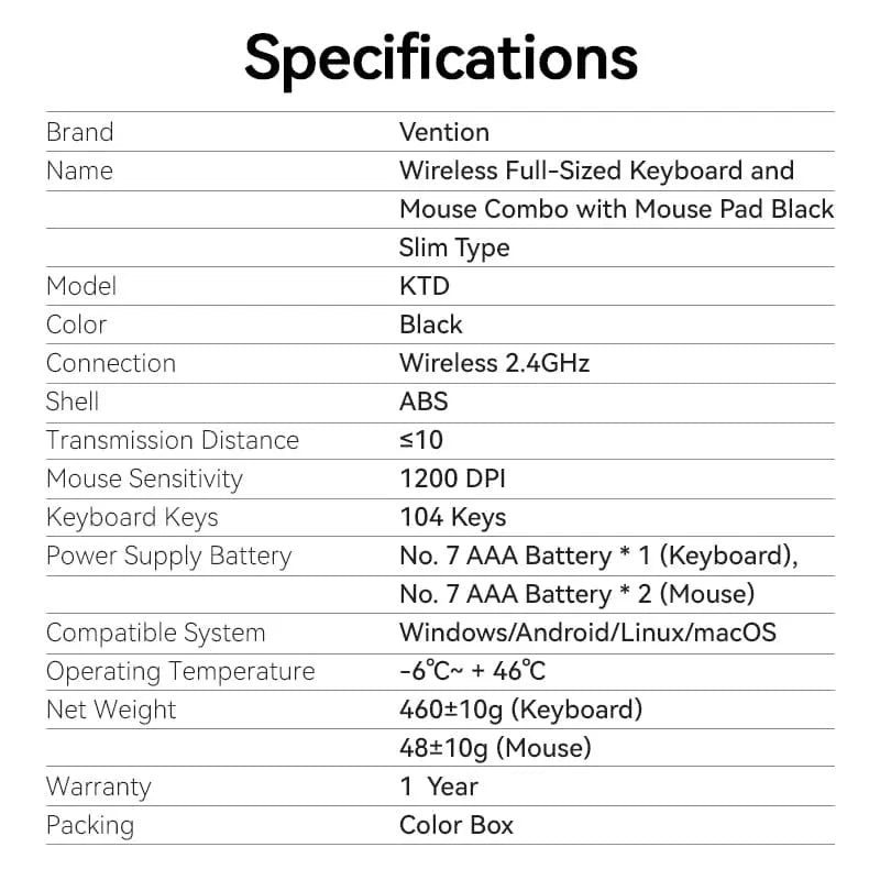 Vention Wireless Full-Sized Keyboard and Mouse Combo with Mouse Pad Black Slim Type - US English Layout - Vention