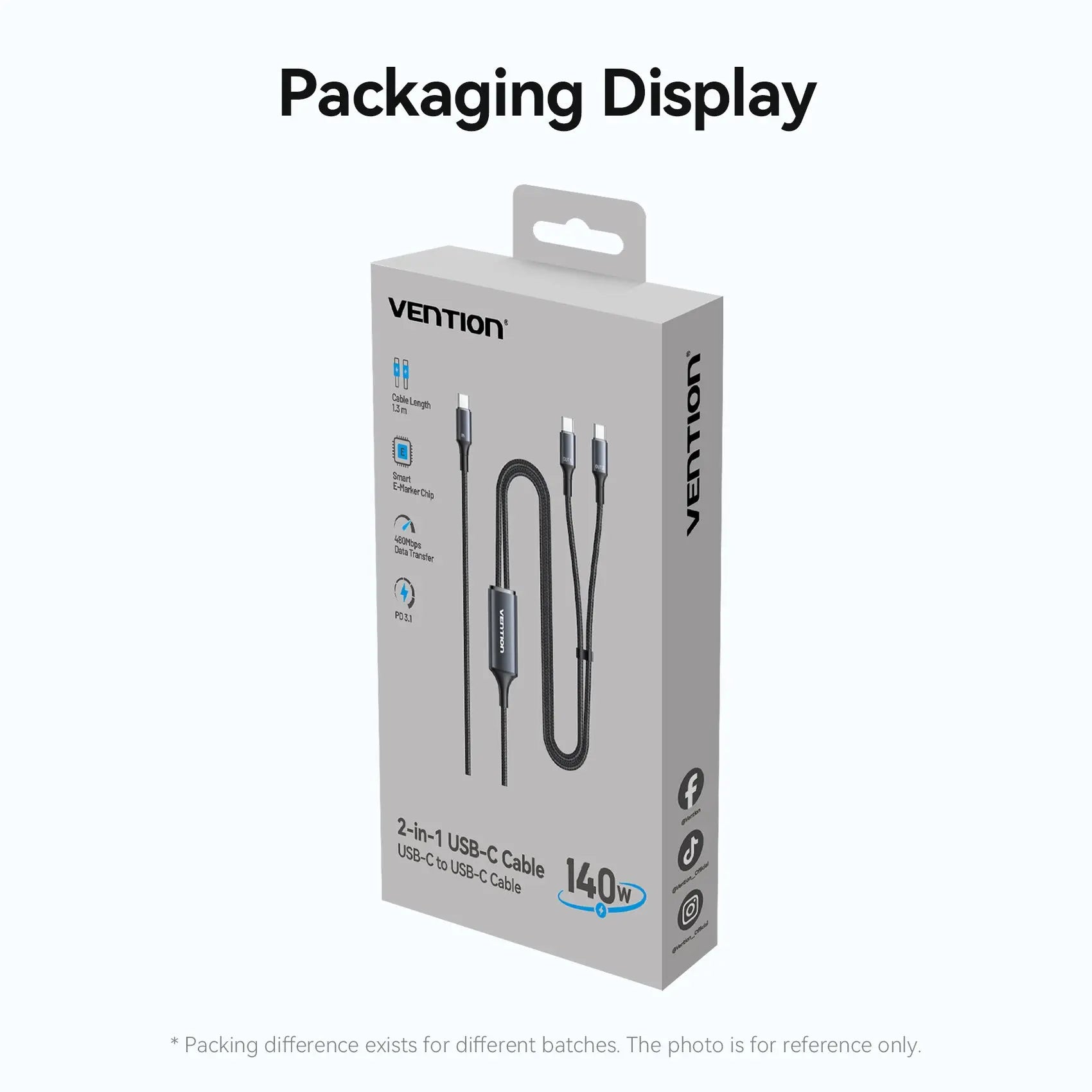 Vention USB 2.0 Type-C Male to 2 Type-C Male 5A Cable Black Aluminum Alloy Type - Vention