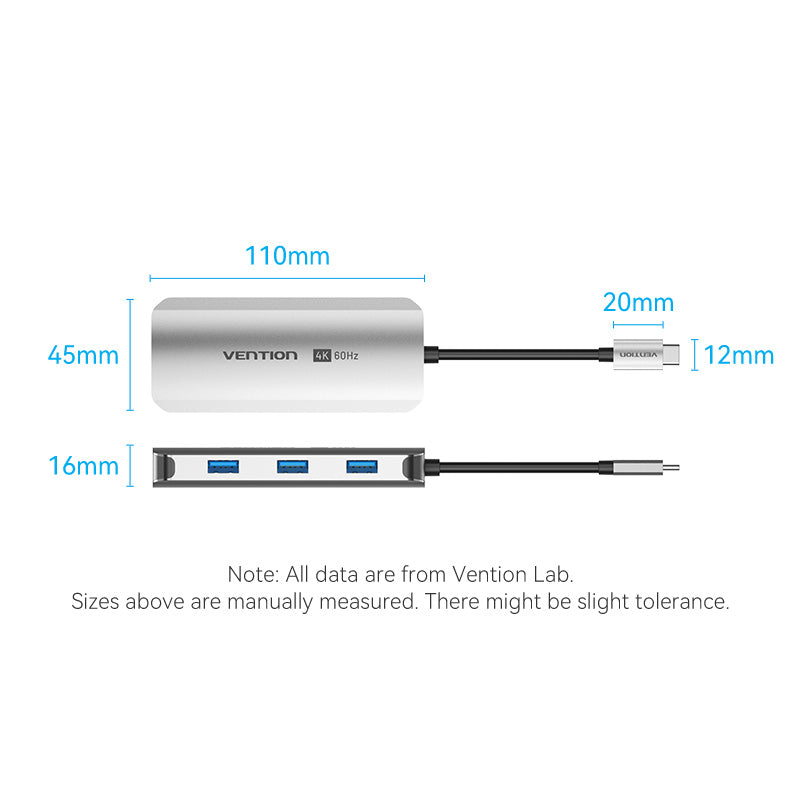USB-C to HDMI/USB 3.0 x3/RJ45/PD Docking Station 0.15M Gray Aluminum Alloy Type