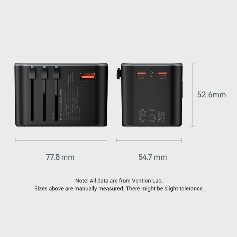 Vention 3-Port USB (C+C+A) GaN Universal Travel Adapter (65W/65W/30W) - Vention