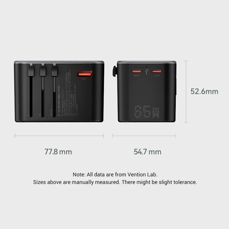 Vention 3-Port USB (C+C+A) GaN Universal Travel Adapter (65W/65W/30W) - Vention