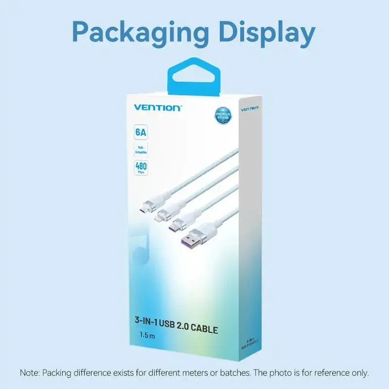 Vention USB 2.0 A Male to 3-in-1 USB-C & Lightning & Micro-B Male 6A Cable Aluminum Alloy Type - Vention