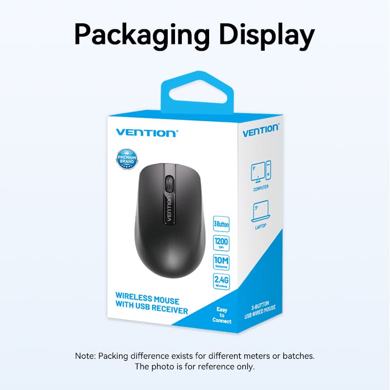 Vention 3-Button Wireless Computer Mouse with USB Receiver Black - Vention