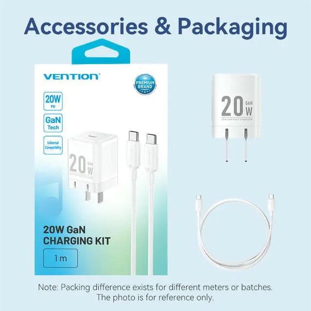 Vention 1-Port USB-C GaN Charger (20W) with USB-C to USB-C Cable (1M) US Plug - Vention