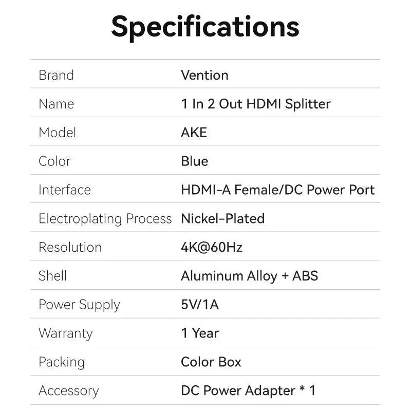 Vention 1 In 2 Out HDMI™ Splitter Blue Aluminum Alloy Type EU Standard - Vention