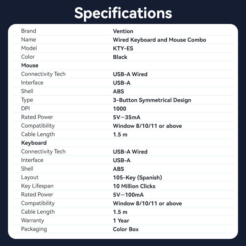Vention USB Kablolu Tam Boyutlu Sessiz Klavye ve Fare Kombinasyonu Siyah İnce Tip - İspanyolca Düzeni