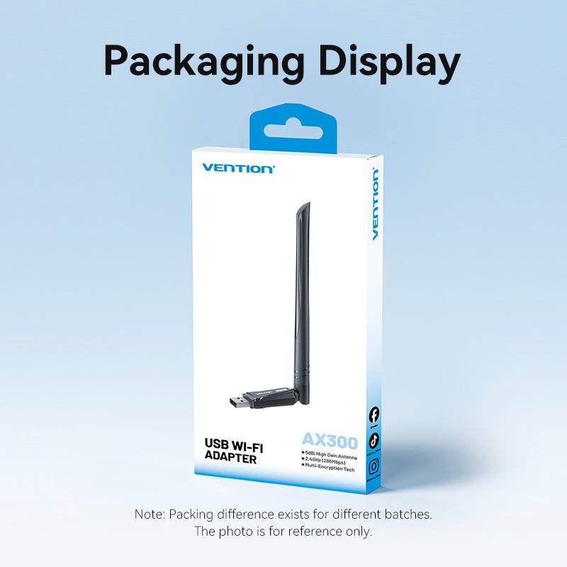 Vention AX300 USB Wi-Fi Single Band Adapter With High Gain Antenna Black - Vention