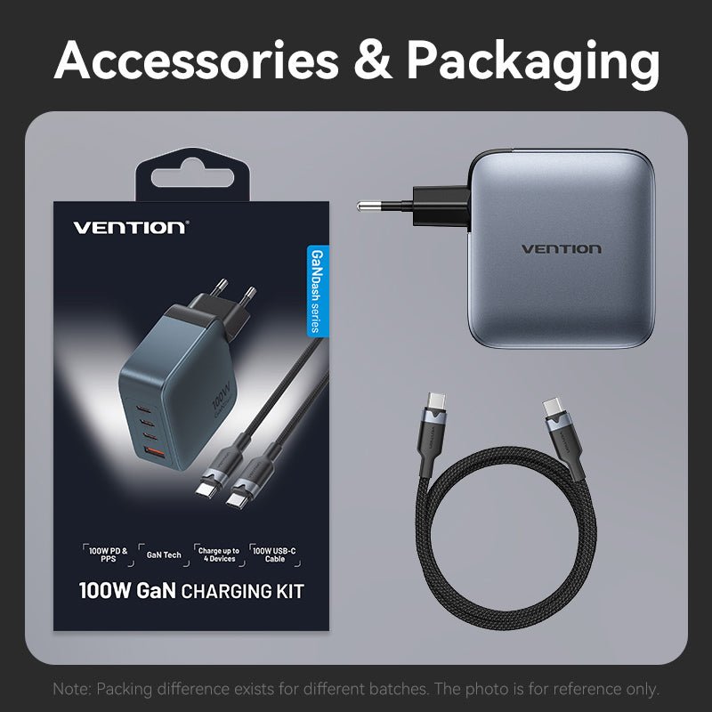 Vention 4-Port USB (C + C + C + A) GaN Charger (100W/100W/30W/30W) Gray with USB-C to USB-C Cable (1M) Black EU-Plug - Vention