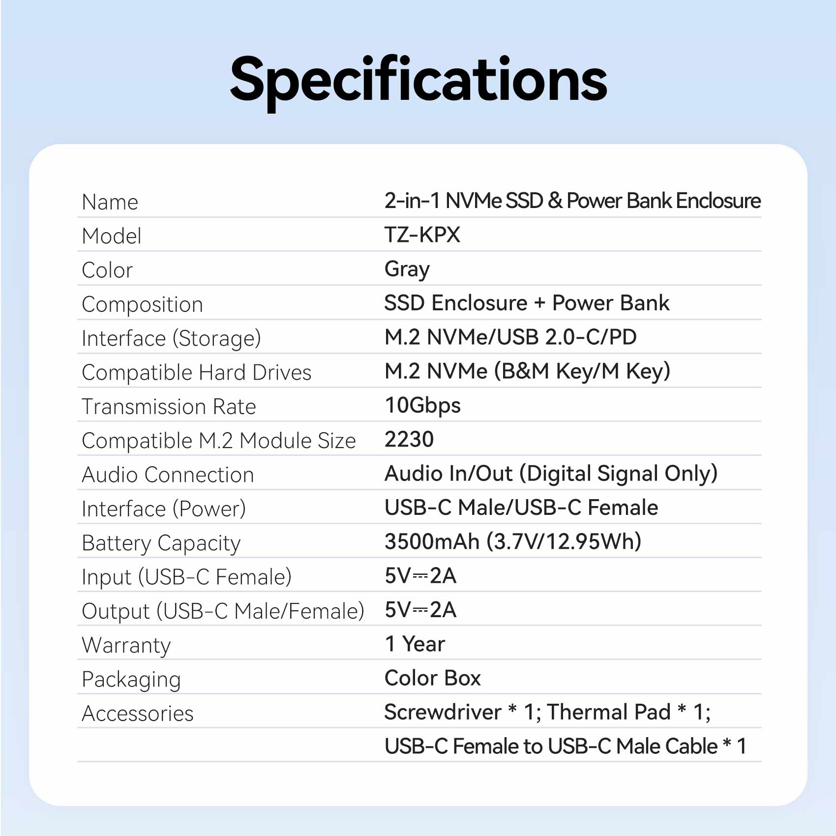 <tc>Vention</tc> Carcasa para SSD M.2 NVMe sin cables + batería externa de 3500 mAh