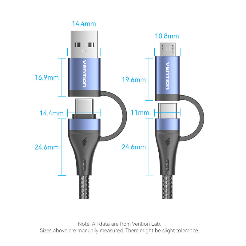 4-in-1 Cotton Braided USB 2.0 Type-A Male + USB-C Male to USB-C Male + Micro Type-B Male 5A Cable 1/1.5/2M Blue Aluminum Alloy Type