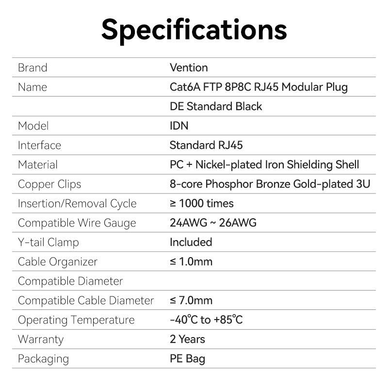 <tc>Vention</tc> Conector modular Cat6A FTP 8P8C RJ45 estándar DE negro