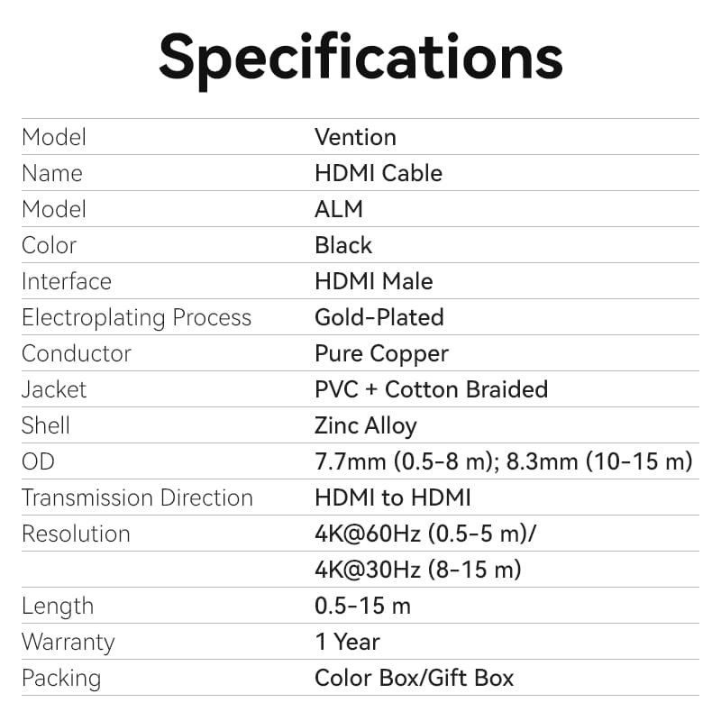 Vention Cotton Braided 4K HDMI™ Male to Male Cable Black Zinc Alloy Type - Vention
