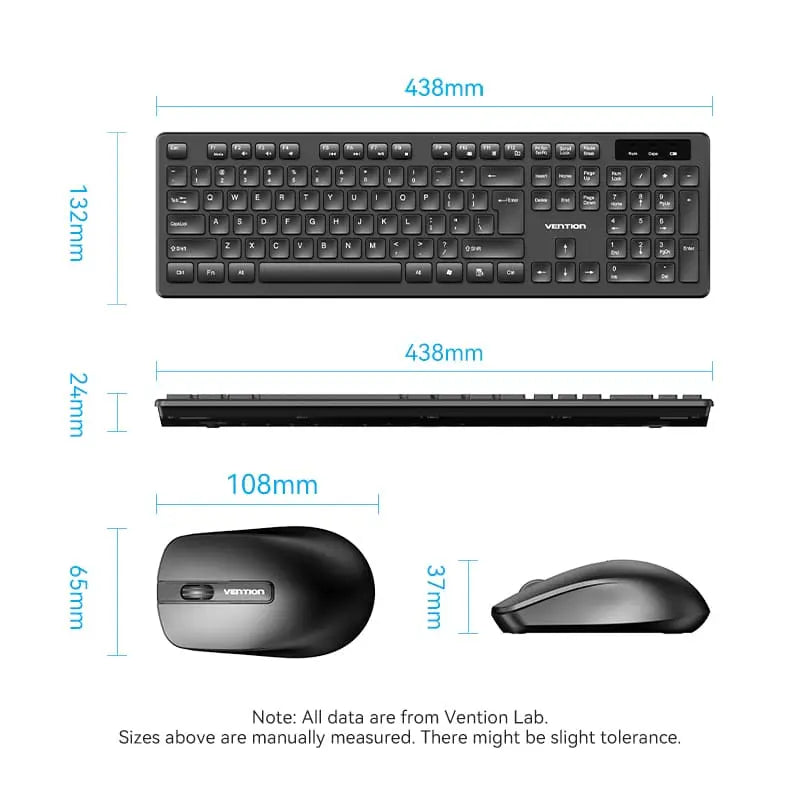 Vention Wireless Full-Sized Keyboard and Mouse Combo with Mouse Pad Black Slim Type - US English Layout - Vention