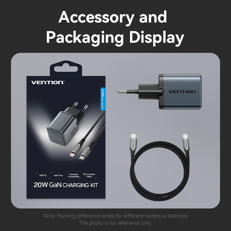 Vention 1 Portlu USB-C GaN Şarj Cihazı (20W) Gri, USB-C - Lightning Kablosu (1M) Siyah AB Fişi ile birlikte