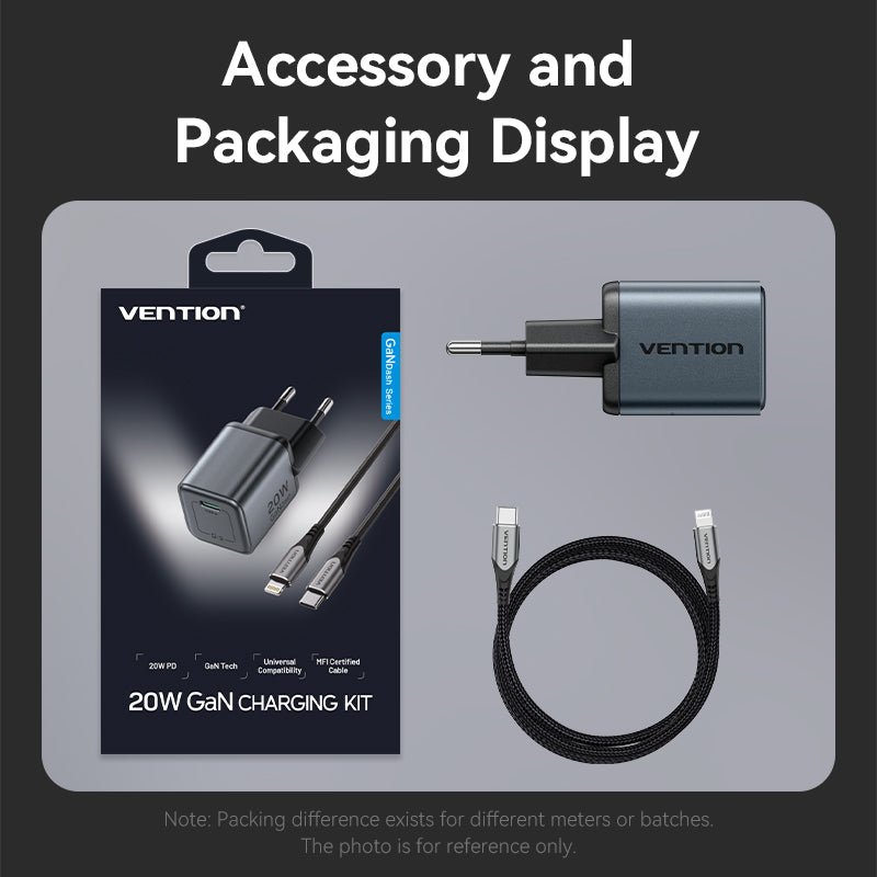 Vention 1-Port USB-C GaN Charger (20W) Gray with USB-C to Lightning Cable (1M) Black EU-Plug - Vention