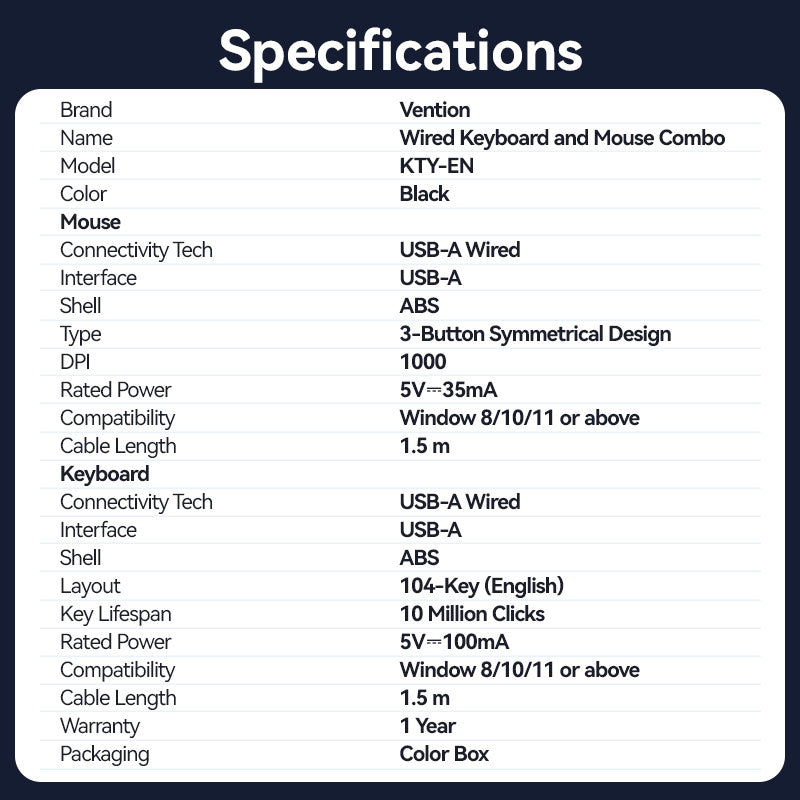 <tc>Vention</tc> Ensemble clavier et souris filaires USB silencieux pleine taille, noir, fin