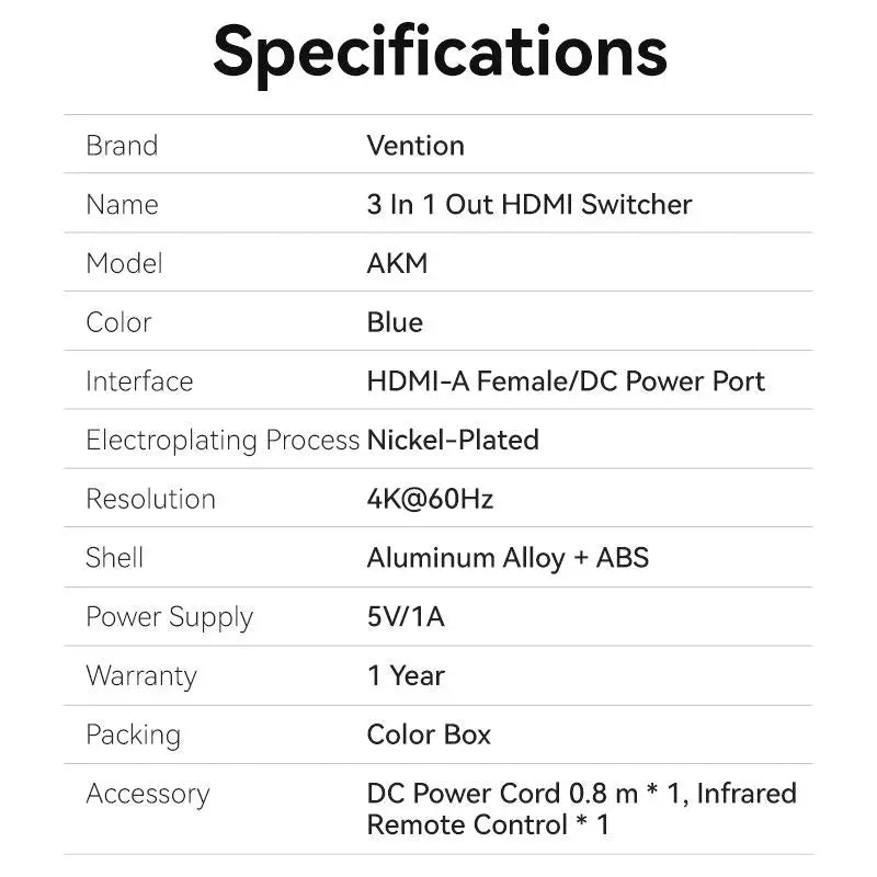 Vention 3 In 1 Out HDMI™ Switcher Blue Aluminum Alloy Type - Vention